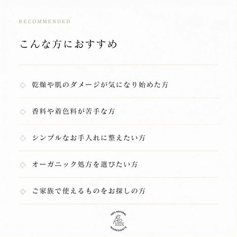 こんな方におすすめ 乾燥や肌のダメージが気になる方 香料や着色料が苦手な方