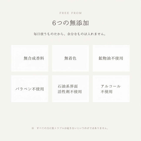 6つの無添加 無合成香料 無着色 鉱物油不使用 パラベン不使用 石油系界面活性剤不使用 アルコール不使用